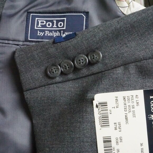 Polo Ralph Lauren VINTAGE Gray 100% Wool 2 Pc Suit Jacket Pant 42L New W Tags